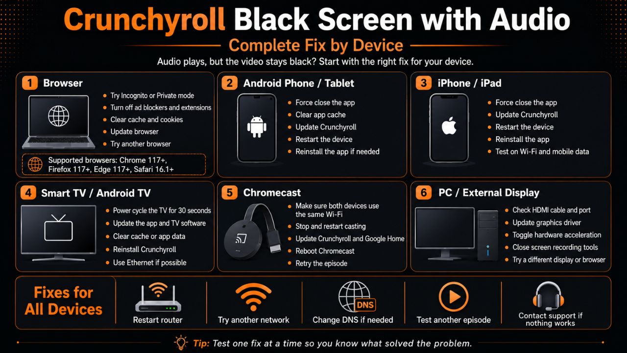 Crunchyroll Black Screen with Audio Complete Fix by Device