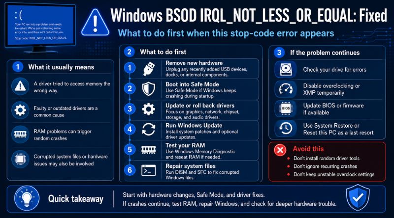 Windows BSOD IRQL_NOT_LESS_OR_EQUAL Fixed — What to Do First