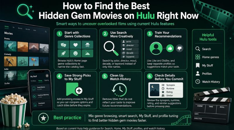 How to Find the Best Hidden Gem Movies on Hulu Right Now Make a professional, relevant and creative infographic on the above-mentioned text or topic accurately. Don’t make any spelling mistake. C